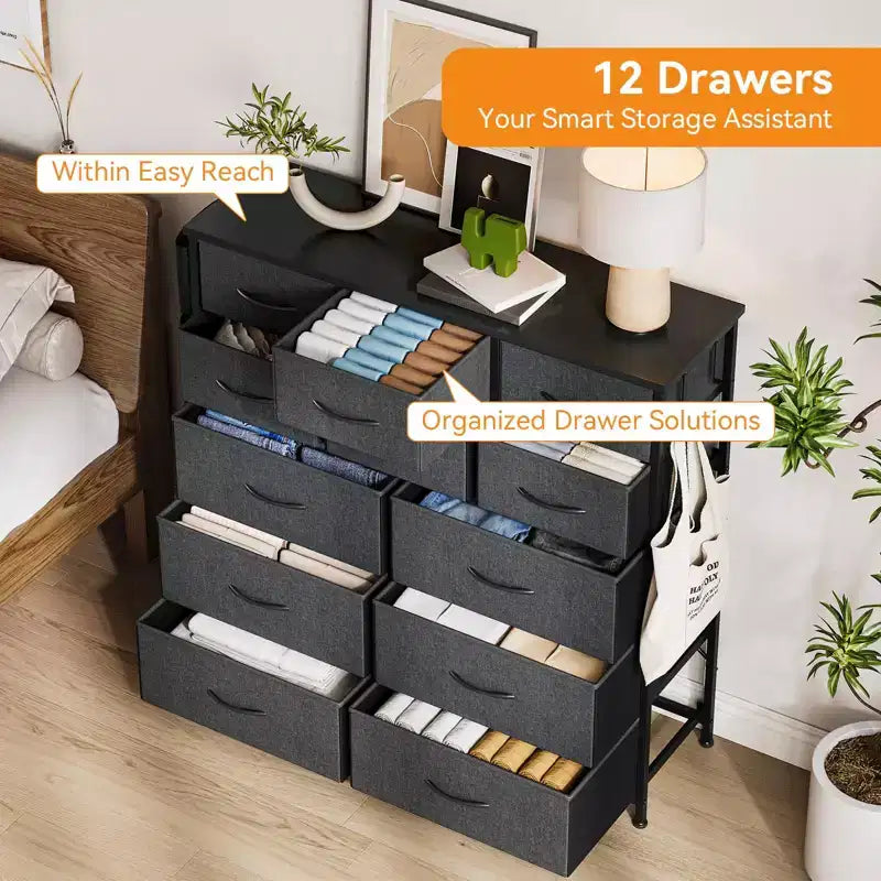 Dresser for Bedroom with 12 Drawer, Dressers & Chests of Drawers for Hallway, Entryway, Storage Organizer Unit with Fabric, Sturdy Metal Frame