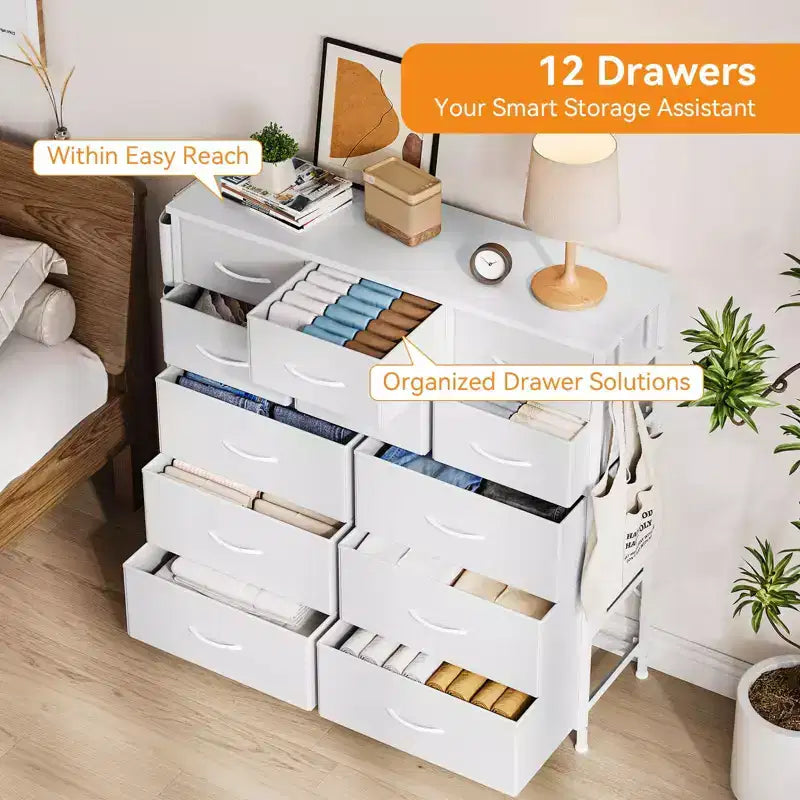 Dresser for Bedroom with 12 Drawer, Dressers & Chests of Drawers for Hallway, Entryway, Storage Organizer Unit with Fabric, Sturdy Metal Frame