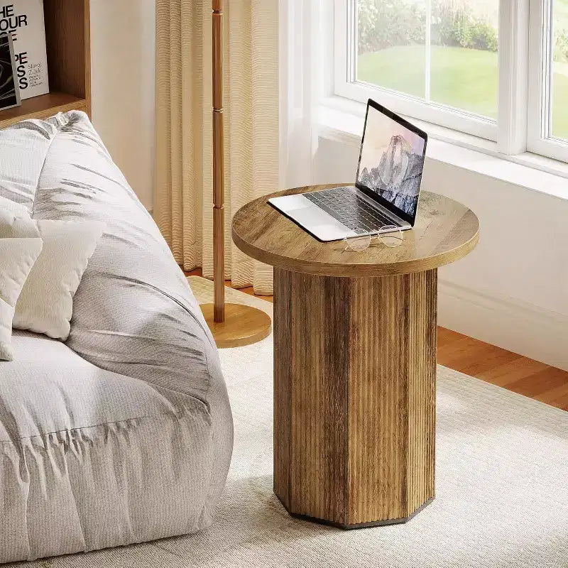 Lantine Round End Table, Farmhouse Pedestal Side Table, Fluted Wooden Nightstand Drink Stand for Living Room, Bedroom (1)