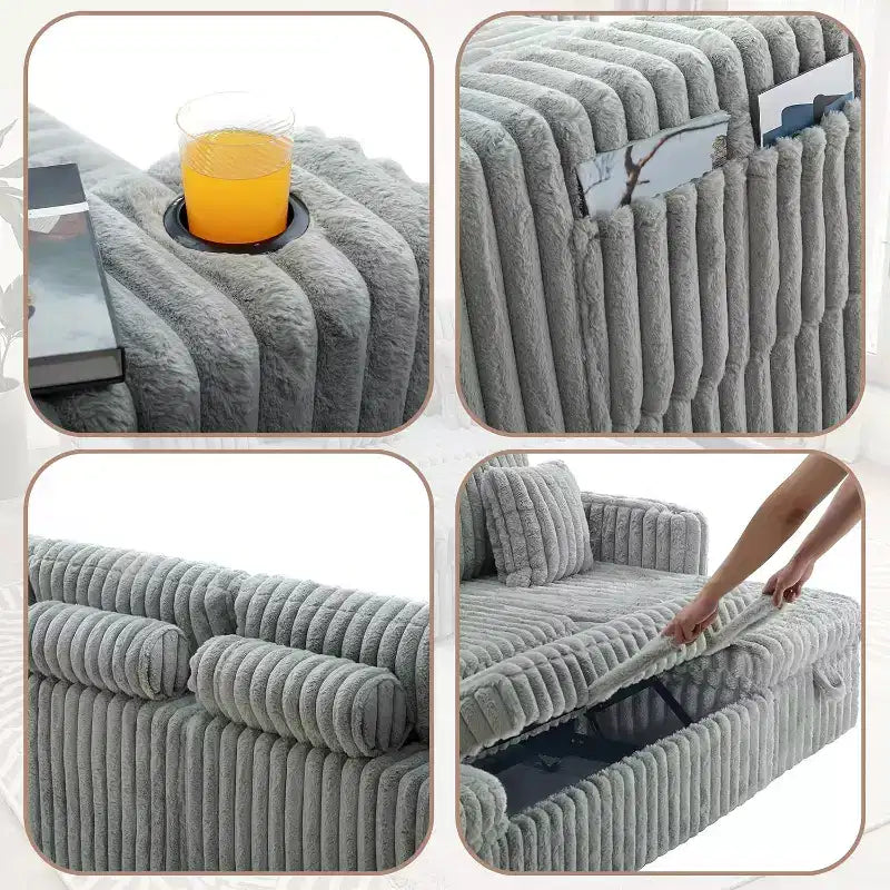 MooxvMoo 124 U-Shaped Sleeper Sofa with Storage,Oversized Convertible Couch Featuring Pull-Out Bed,Adjustable Backrest,USB Ports & Cup Holders,Gray