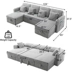 MooxvMoo 124 U-Shaped Sleeper Sofa with Storage,Oversized Convertible Couch Featuring Pull-Out Bed,Adjustable Backrest,USB Ports & Cup Holders,Gray
