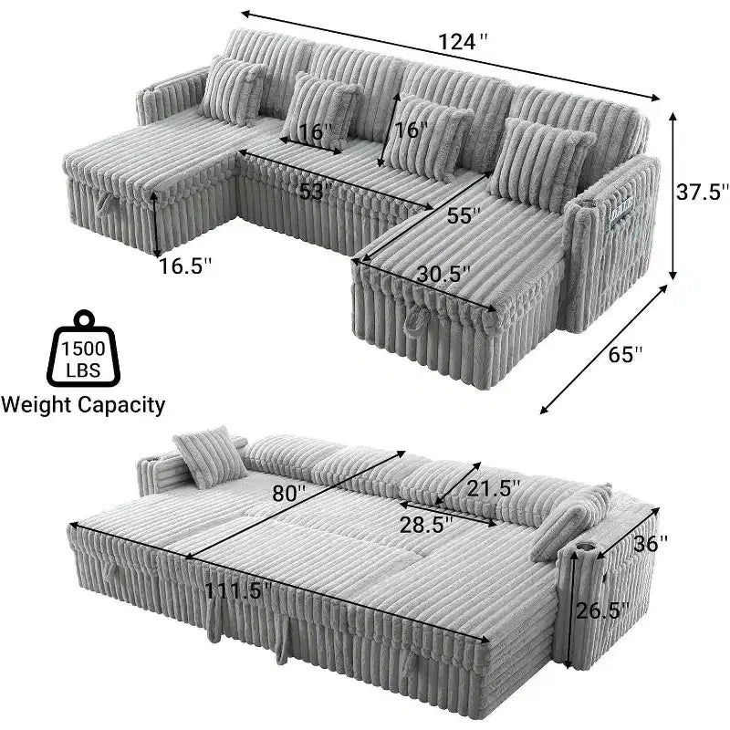 MooxvMoo 124 U-Shaped Sleeper Sofa with Storage,Oversized Convertible Couch Featuring Pull-Out Bed,Adjustable Backrest,USB Ports & Cup Holders,Gray