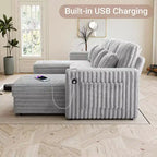 MooxvMoo 124 U-Shaped Sleeper Sofa with Storage,Oversized Convertible Couch Featuring Pull-Out Bed,Adjustable Backrest,USB Ports & Cup Holders,Gray