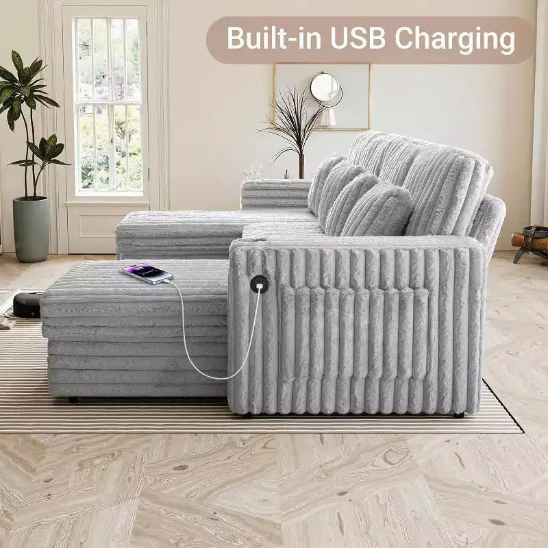 MooxvMoo 124 U-Shaped Sleeper Sofa with Storage,Oversized Convertible Couch Featuring Pull-Out Bed,Adjustable Backrest,USB Ports & Cup Holders,Gray