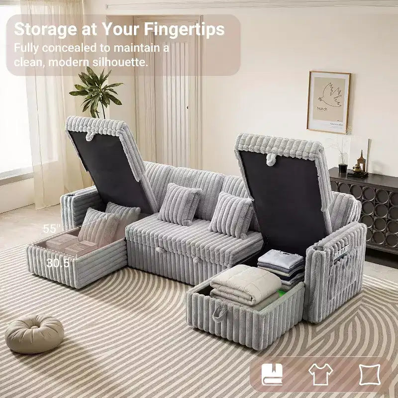 MooxvMoo 124 U-Shaped Sleeper Sofa with Storage,Oversized Convertible Couch Featuring Pull-Out Bed,Adjustable Backrest,USB Ports & Cup Holders,Gray