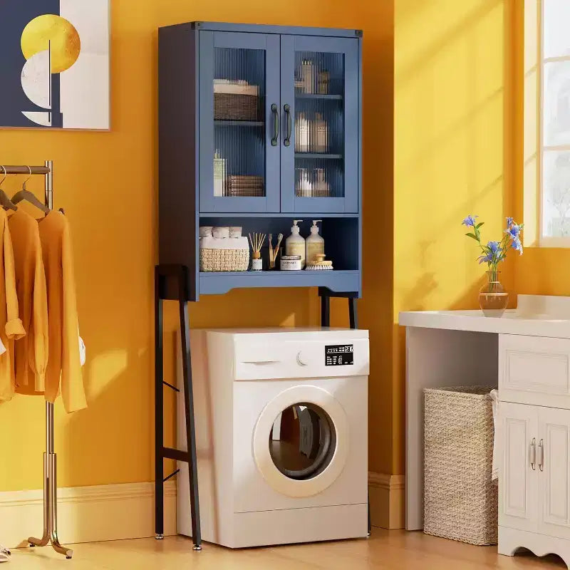 Over The Toilet Storage Cabinet with Tempered Glass Doors and Adjustable Shelf(Blue)