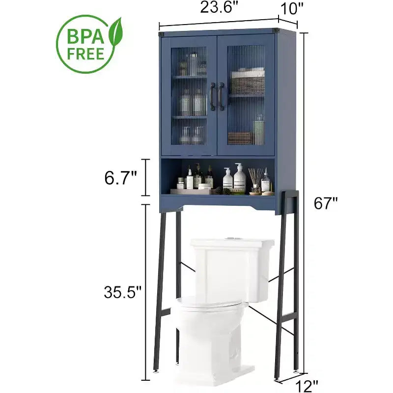 Over The Toilet Storage Cabinet with Tempered Glass Doors and Adjustable Shelf(Blue)