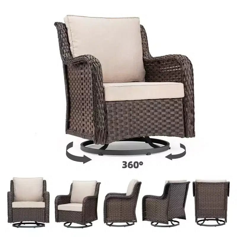Outdoor Swivel Wicker Glider Patio Chairs w/Table Set, 3 Pieces Outdoor Bistro Set w/Thick Cushions and Coffee Table for Porch, Balcony, Deck