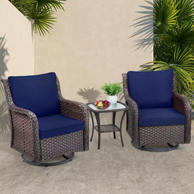 Outdoor Swivel Wicker Glider Patio Chairs w/Table Set, 3 Pieces Outdoor Bistro Set w/Thick Cushions and Coffee Table for Porch, Balcony, Deck