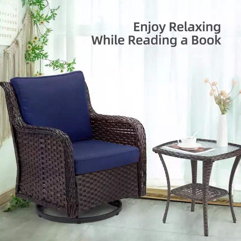 Outdoor Swivel Wicker Glider Patio Chairs w/Table Set, 3 Pieces Outdoor Bistro Set w/Thick Cushions and Coffee Table for Porch, Balcony, Deck