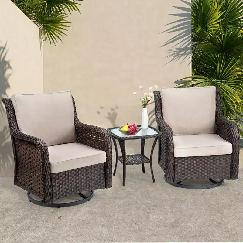 Outdoor Swivel Wicker Glider Patio Chairs w/Table Set, 3 Pieces Outdoor Bistro Set w/Thick Cushions and Coffee Table for Porch, Balcony, Deck