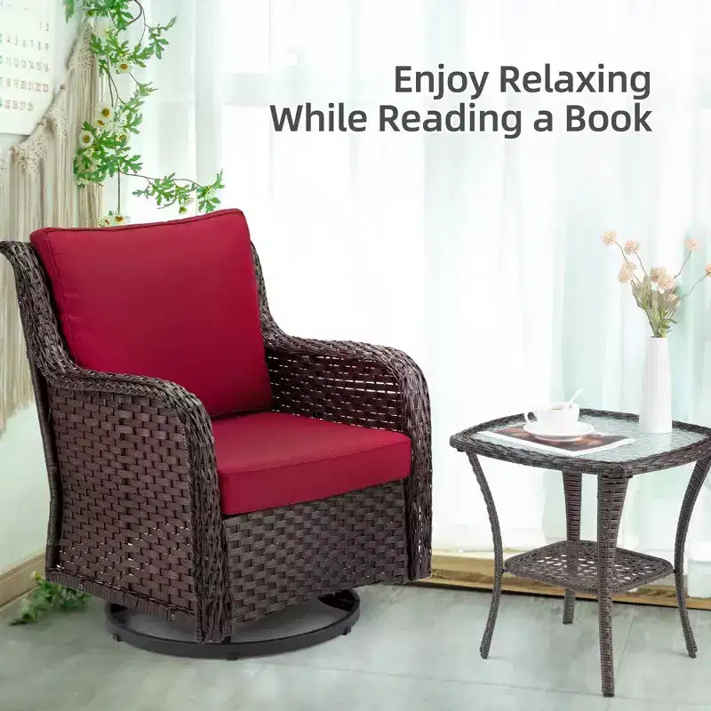 Outdoor Swivel Wicker Glider Patio Chairs w/Table Set, 3 Pieces Outdoor Bistro Set w/Thick Cushions and Coffee Table for Porch, Balcony, Deck