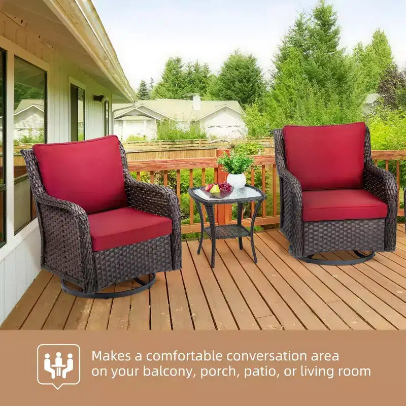 Outdoor Swivel Wicker Glider Patio Chairs w/Table Set, 3 Pieces Outdoor Bistro Set w/Thick Cushions and Coffee Table for Porch, Balcony, Deck