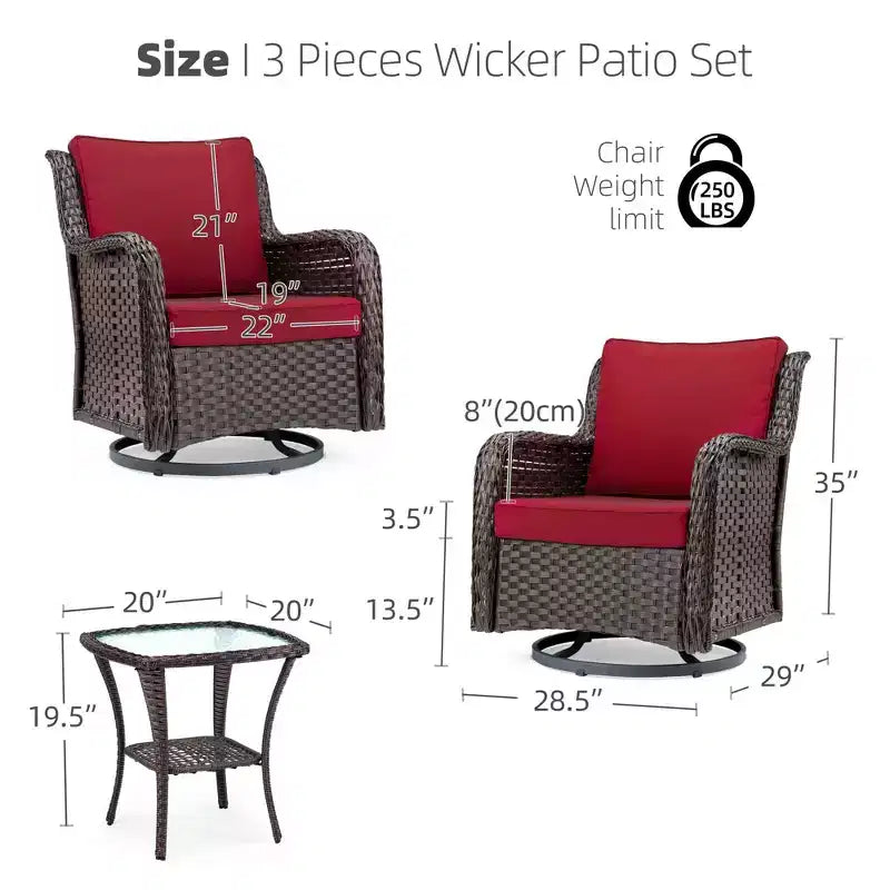 Outdoor Swivel Wicker Glider Patio Chairs w/Table Set, 3 Pieces Outdoor Bistro Set w/Thick Cushions and Coffee Table for Porch, Balcony, Deck
