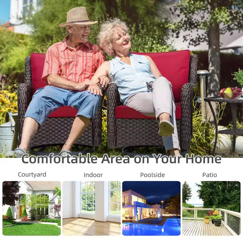 Outdoor Swivel Wicker Glider Patio Chairs w/Table Set, 3 Pieces Outdoor Bistro Set w/Thick Cushions and Coffee Table for Porch, Balcony, Deck