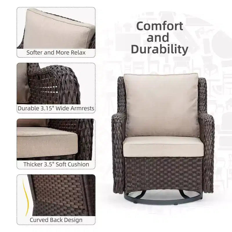 Outdoor Swivel Wicker Glider Patio Chairs w/Table Set, 3 Pieces Outdoor Bistro Set w/Thick Cushions and Coffee Table for Porch, Balcony, Deck