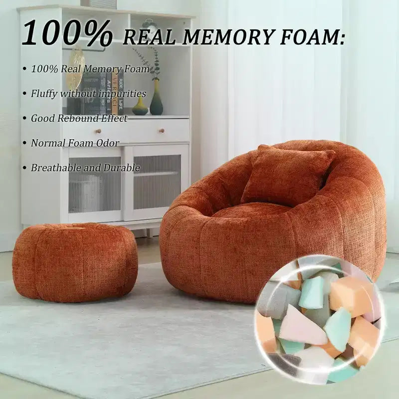 Bean Bag Chairs, Comfy Round Chair for Adults with Ottoman, Leisure Single Sofa Reading Chair with Pillow for Living Room, Bedroom, Apartment