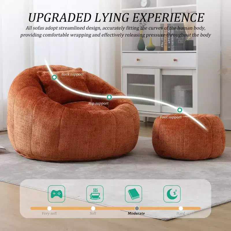 Bean Bag Chairs, Comfy Round Chair for Adults with Ottoman, Leisure Single Sofa Reading Chair with Pillow for Living Room, Bedroom, Apartment