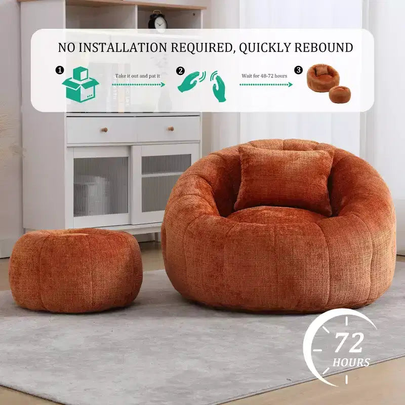 Bean Bag Chairs, Comfy Round Chair for Adults with Ottoman, Leisure Single Sofa Reading Chair with Pillow for Living Room, Bedroom, Apartment