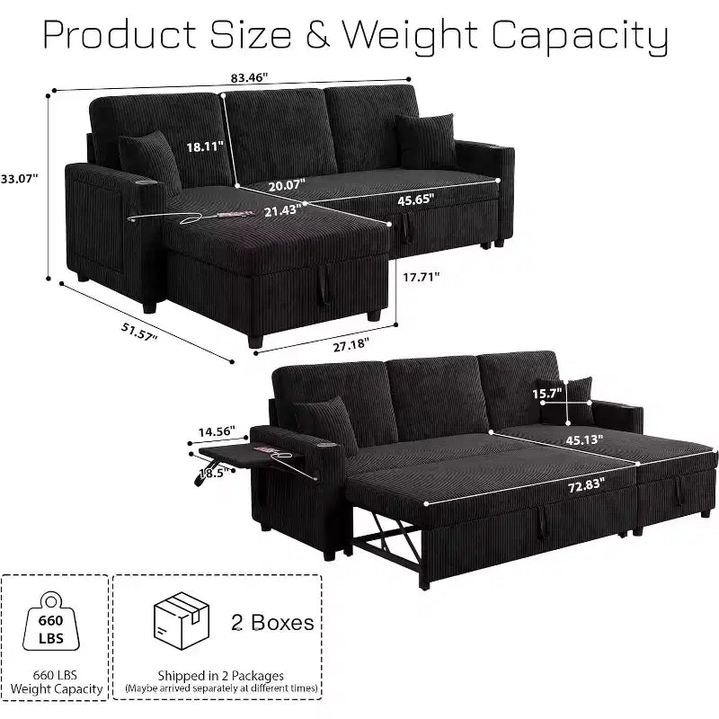 MooxvMoo 83 Convertible Sofa Bed Couch with Storage & USB Port, 4 in 1 L Shaped Sofa with Pull Out Couch Bed, Side Table, Cup Holder,Black