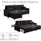 MooxvMoo 83 Convertible Sofa Bed Couch with Storage & USB Port, 4 in 1 L Shaped Sofa with Pull Out Couch Bed, Side Table, Cup Holder,Black