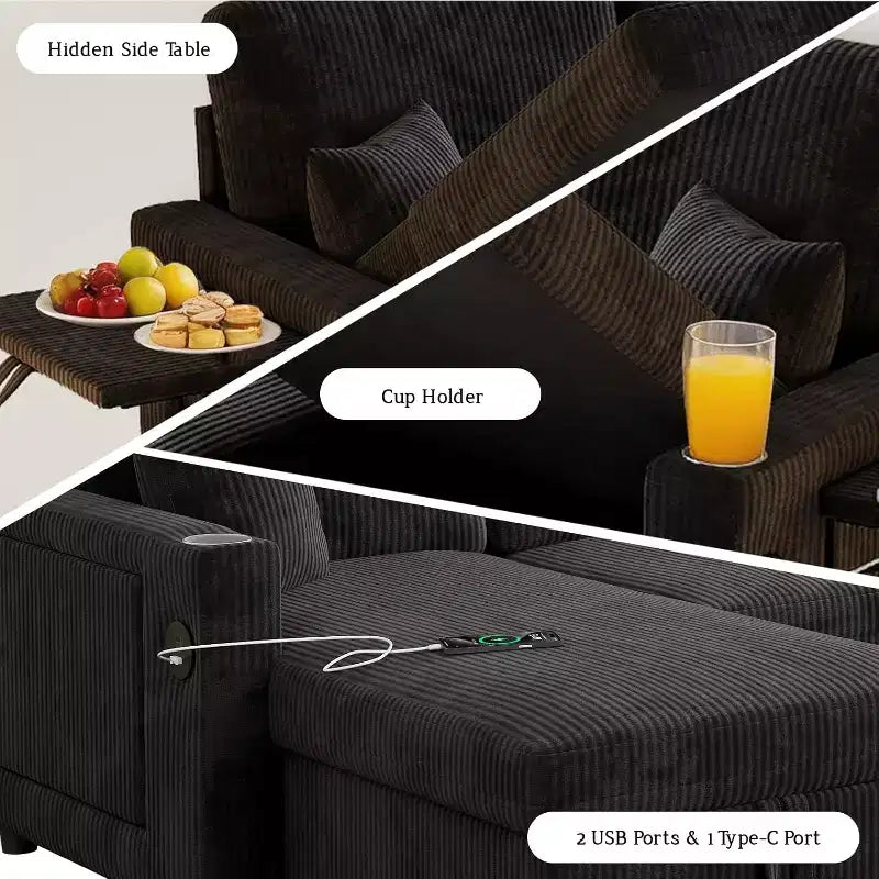 MooxvMoo 83 Convertible Sofa Bed Couch with Storage & USB Port, 4 in 1 L Shaped Sofa with Pull Out Couch Bed, Side Table, Cup Holder,Black