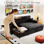MooxvMoo 83 Convertible Sofa Bed Couch with Storage & USB Port, 4 in 1 L Shaped Sofa with Pull Out Couch Bed, Side Table, Cup Holder,Black