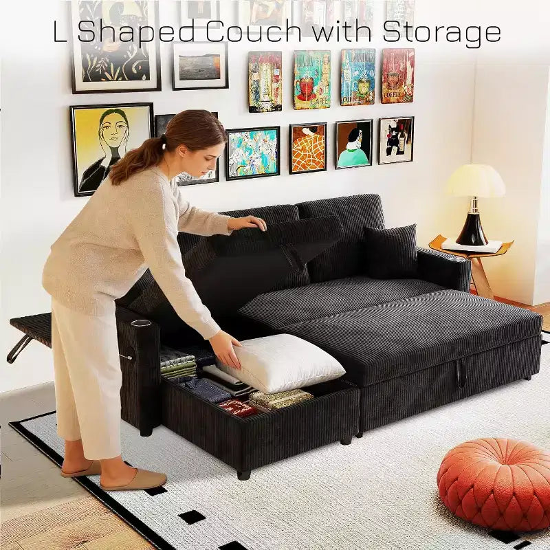 MooxvMoo 83 Convertible Sofa Bed Couch with Storage & USB Port, 4 in 1 L Shaped Sofa with Pull Out Couch Bed, Side Table, Cup Holder,Black