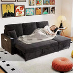 MooxvMoo 83 Convertible Sofa Bed Couch with Storage & USB Port, 4 in 1 L Shaped Sofa with Pull Out Couch Bed, Side Table, Cup Holder,Black