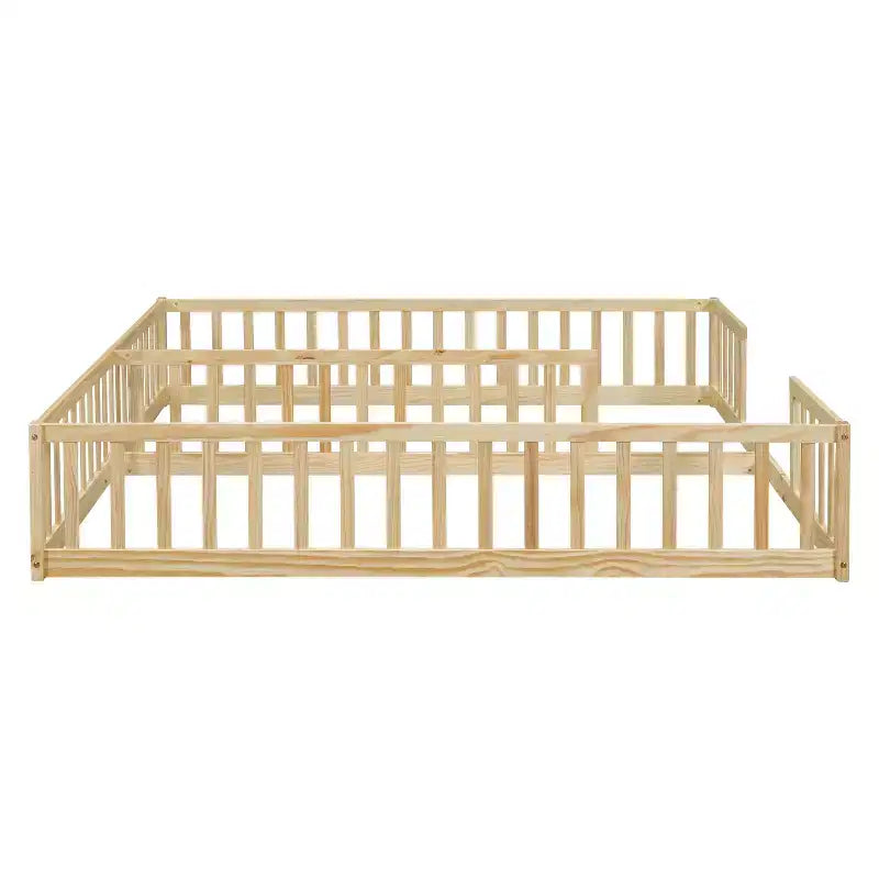 Double Twin Floor Bed with Guardrail, Wood Platform Bed with Fence for 2 Kids