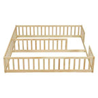 Double Twin Floor Bed with Guardrail, Wood Platform Bed with Fence for 2 Kids