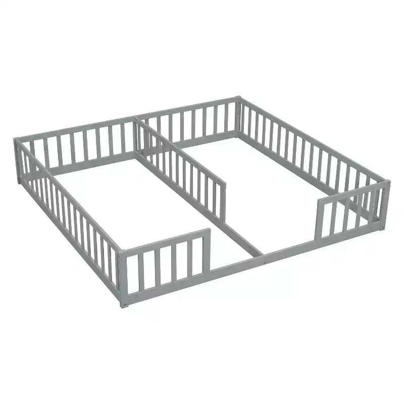 Double Twin Floor Bed with Guardrail, Wood Platform Bed with Fence for 2 Kids