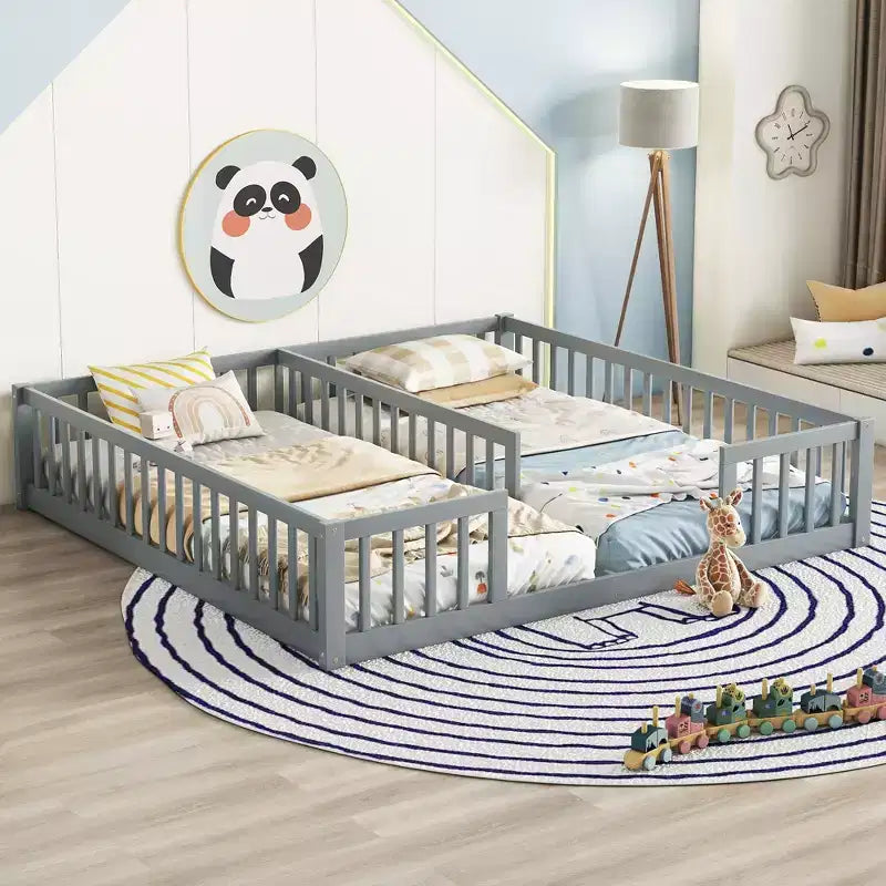 Double Twin Floor Bed with Guardrail, Wood Platform Bed with Fence for 2 Kids