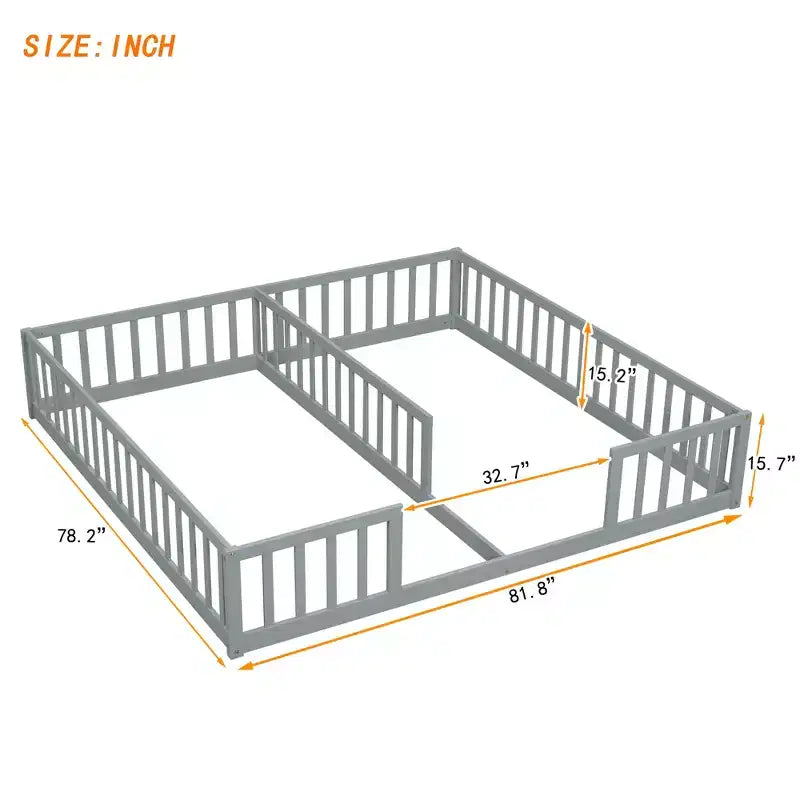 Double Twin Floor Bed with Guardrail, Wood Platform Bed with Fence for 2 Kids