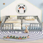 Double Twin Floor Bed with Guardrail, Wood Platform Bed with Fence for 2 Kids