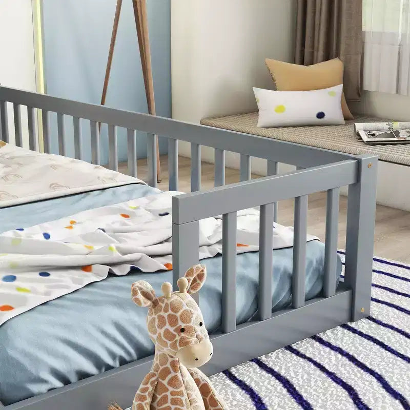 Double Twin Floor Bed with Guardrail, Wood Platform Bed with Fence for 2 Kids