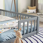 Double Twin Floor Bed with Guardrail, Wood Platform Bed with Fence for 2 Kids