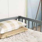 Double Twin Floor Bed with Guardrail, Wood Platform Bed with Fence for 2 Kids