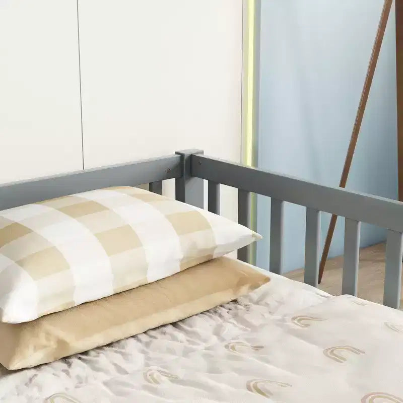 Double Twin Floor Bed with Guardrail, Wood Platform Bed with Fence for 2 Kids