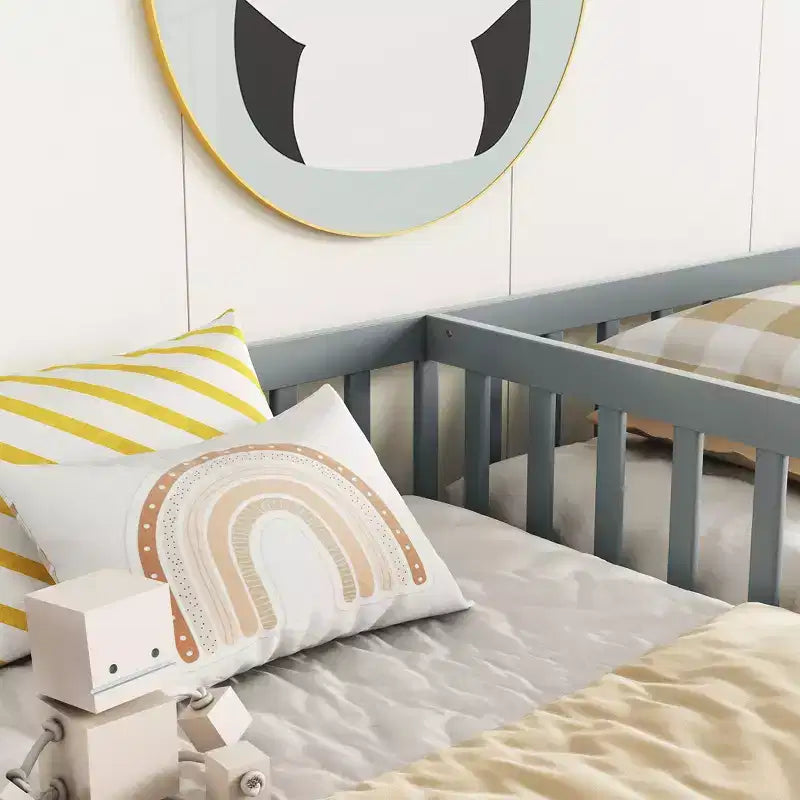 Double Twin Floor Bed with Guardrail, Wood Platform Bed with Fence for 2 Kids