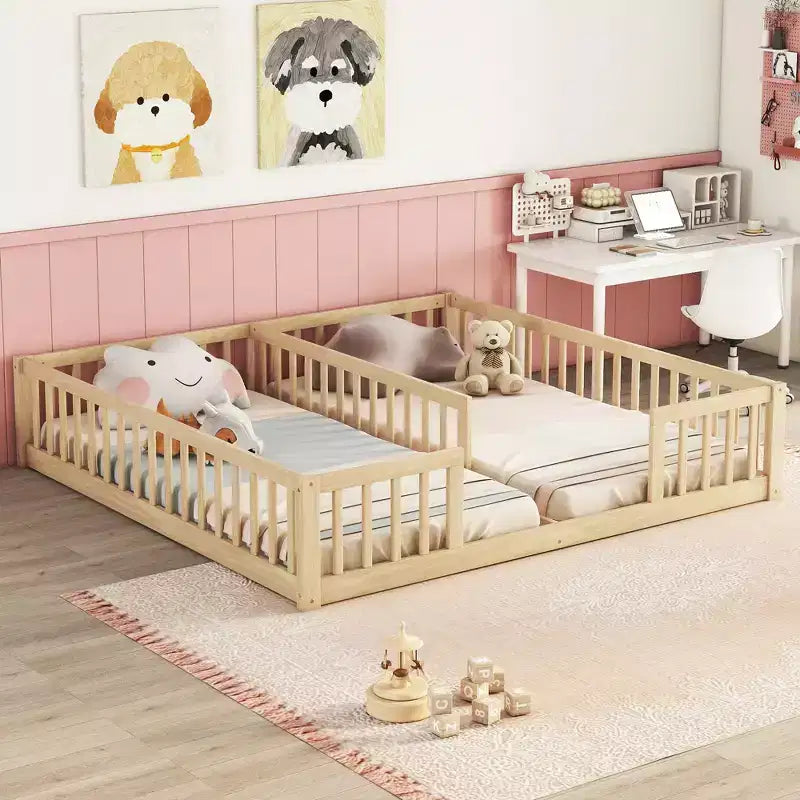 Double Twin Floor Bed with Guardrail, Wood Platform Bed with Fence for 2 Kids