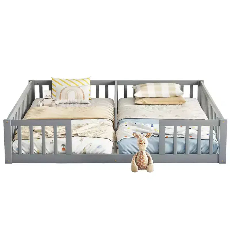 Double Twin Floor Bed with Guardrail, Wood Platform Bed with Fence for 2 Kids