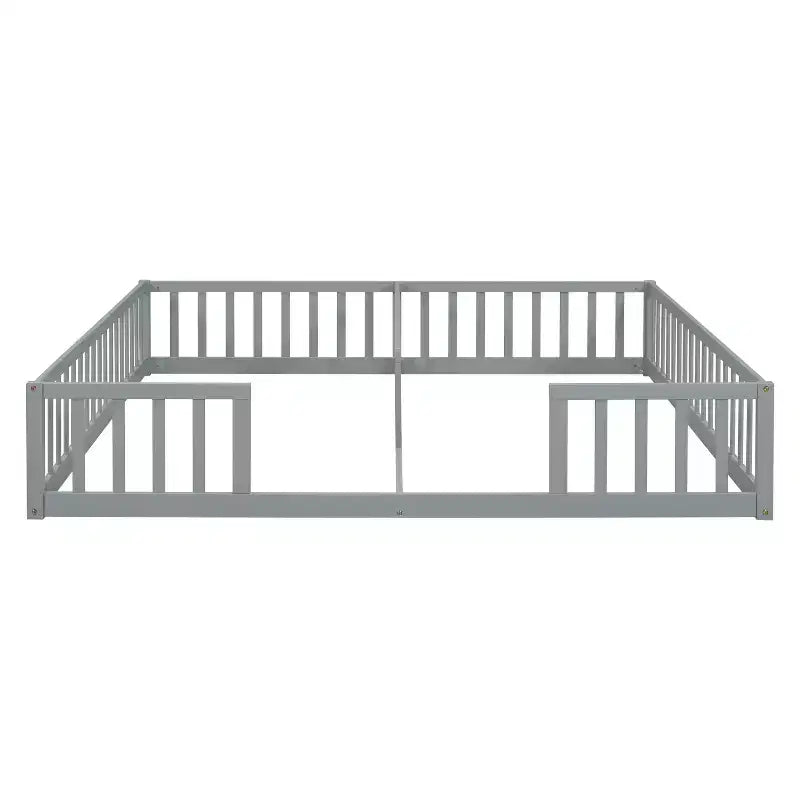 Double Twin Floor Bed with Guardrail, Wood Platform Bed with Fence for 2 Kids