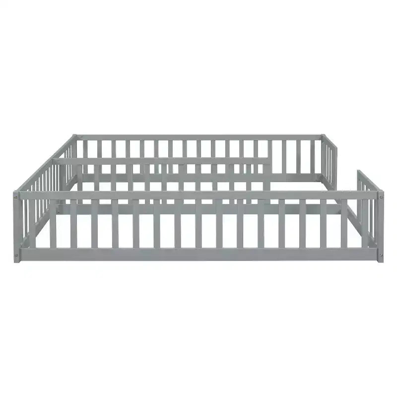 Double Twin Floor Bed with Guardrail, Wood Platform Bed with Fence for 2 Kids