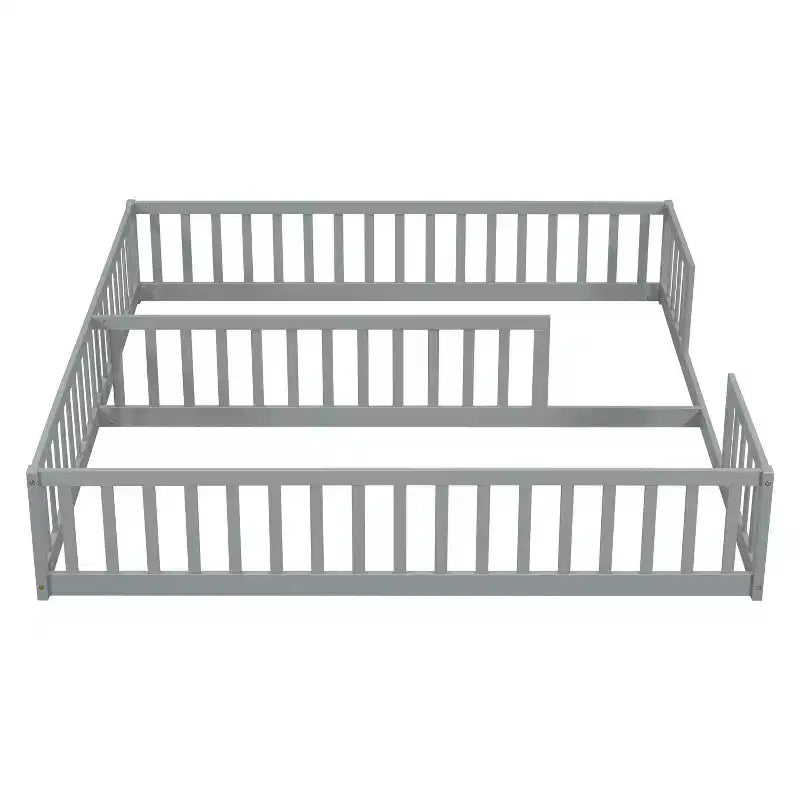 Double Twin Floor Bed with Guardrail, Wood Platform Bed with Fence for 2 Kids