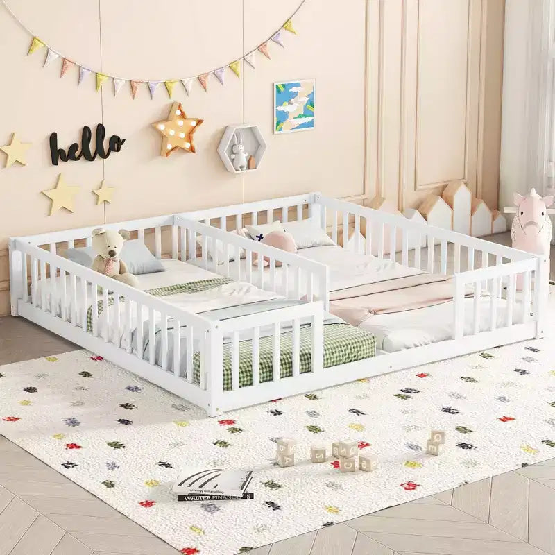 Double Twin Floor Bed with Guardrail, Wood Platform Bed with Fence for 2 Kids