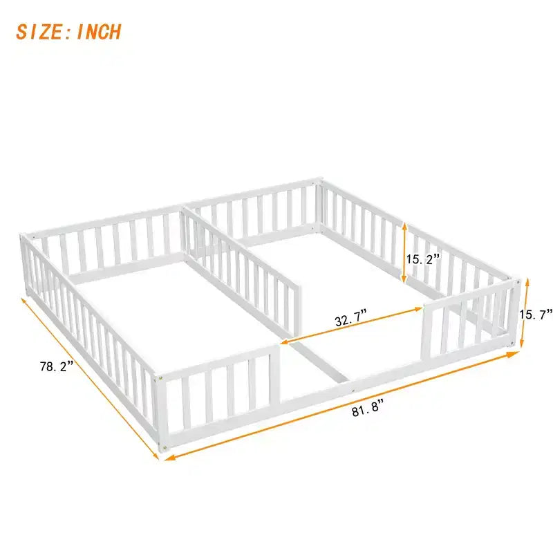 Double Twin Floor Bed with Guardrail, Wood Platform Bed with Fence for 2 Kids