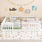 Double Twin Floor Bed with Guardrail, Wood Platform Bed with Fence for 2 Kids
