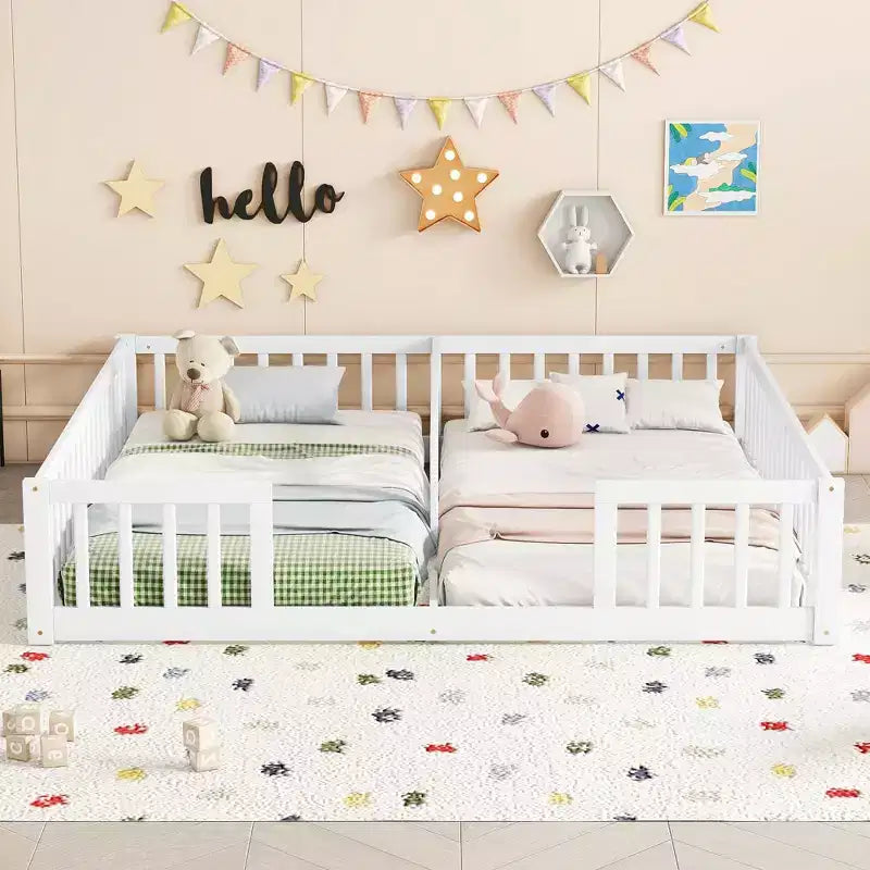 Double Twin Floor Bed with Guardrail, Wood Platform Bed with Fence for 2 Kids