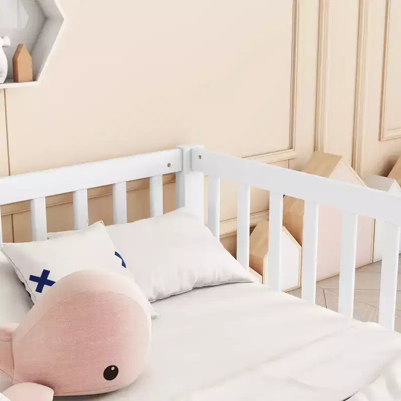 Double Twin Floor Bed with Guardrail, Wood Platform Bed with Fence for 2 Kids